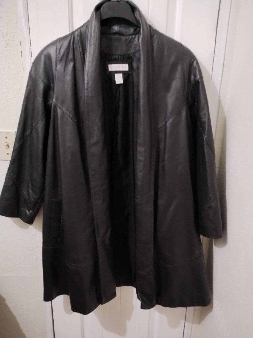 Preston & York Black Genuine Leather Open Front Coat XL Winter Fall Layer Trench